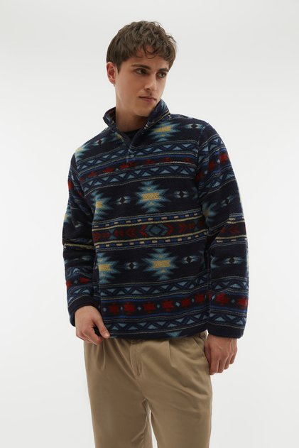 Men's Navy Blue Ethnic Patterned Fleece Stand Collar Sweatshirt