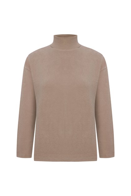 Women's Beige Color High Collar Loose Fit Sweatshirt