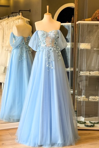 Buz Mavi 3 Boyutlu Dantel Detaylı Maxi Boy Abiye Ve Nişan Elbisesi