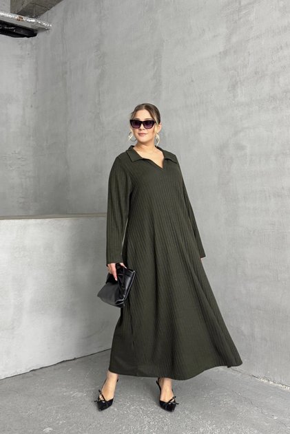 Plus Size V-Neck Long Sleeve Ribbed Hem Loose Long Dress 322182