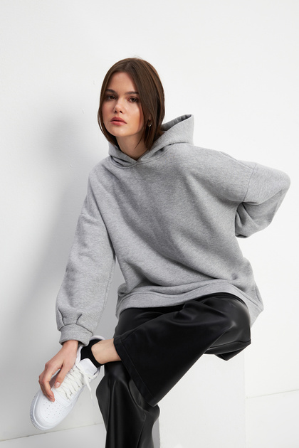 Women's Gray Melange Oversize Hooded Sweatshirt