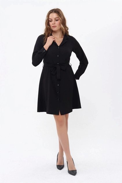 Apsen Women's Black Shirt Collar Buttoned Belt Detail Seasonal Short Dress 4462-95