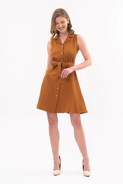 Apsen Women's Tan Shirt Collar Buttoned Sleeveless Summer Short Dress 4330-95