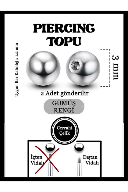 Piercing Topu (2 adet) Cerrahi Çelik Rose Gold Silver Rainbow Black Renk Seçenekleriyle