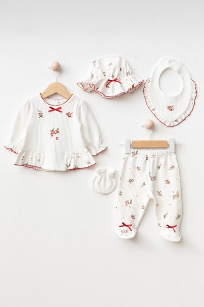 Baby Girl Embroidered Kokina Flower 100% Cotton 5-Piece Newborn Set 0-3 Months