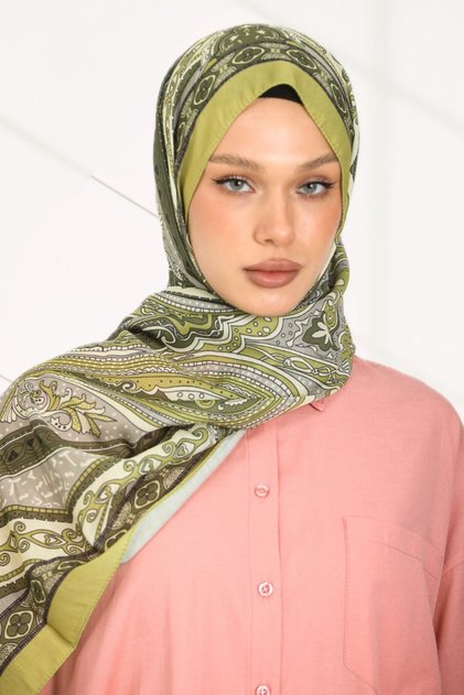 Retro Etnik Desen Cotton Soft Şal Serisi - New Collection - Yağ Yeşili