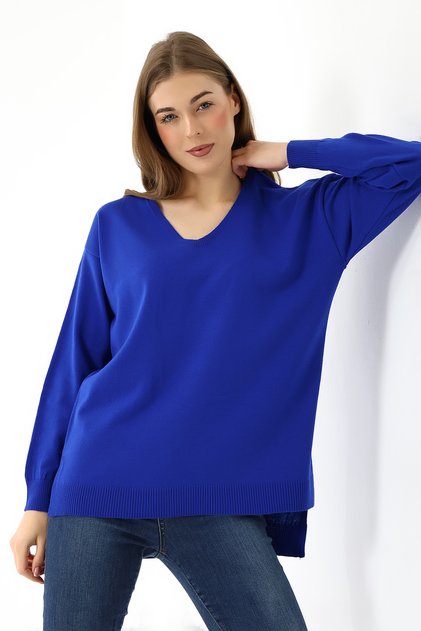 Damen-Pullover mit V-Ausschnitt, langen Ärmeln, fein gewebtem Oversize-Strick und Schlitz, Blau