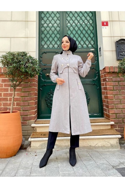 Intermediate Size Buttoned Front Imported Cashmere Coat / M0111 - Gray