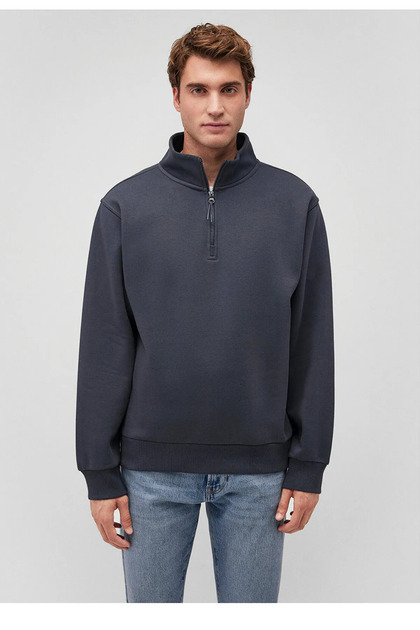 Yarım Fermuarlı Sweatshirt Dik Yaka Uzun Kollu Şardonlu