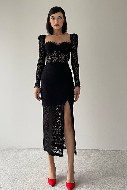 knee length dresses for ladies Gothic Women's Black Midi Dress / Elegant Velvet Dress with Transparent Sides & Flared Sleeves main image 1
