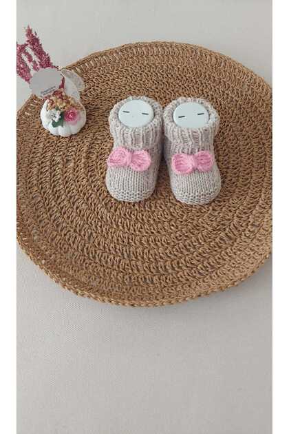 Beige Newborn Gift Baby Hand Knitted Acrylic Wool Slippers Booties with Pink Bow 0-12 Months