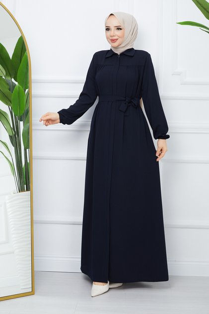 Tesettür Gi̇yi̇m Robali Drawstrap Belted Ferace Dark Blue