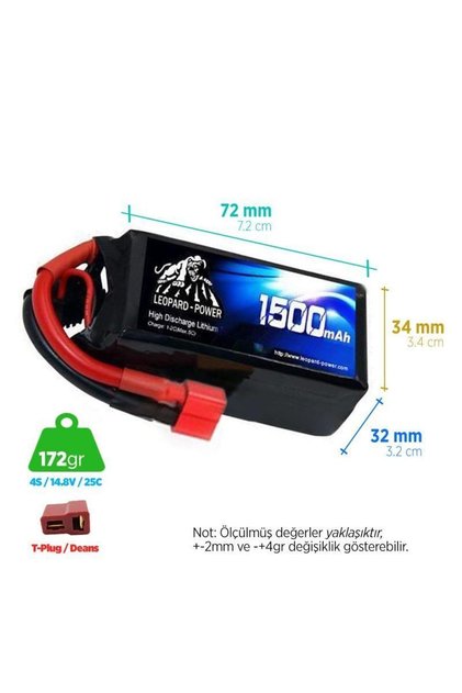 1500 Mah 14.8v 4s 25c Lityum Polimer Lipo Batarya Pil T Plug