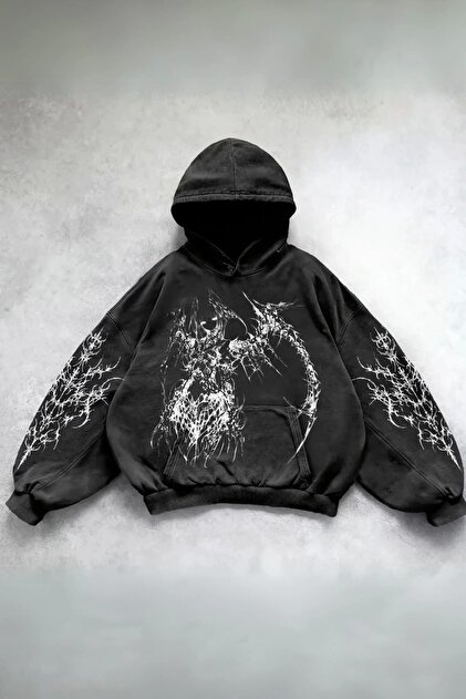 Gofeel Siyah Gothic Barbed Wire Heart Cross Kapüşonlu Sweatshirt