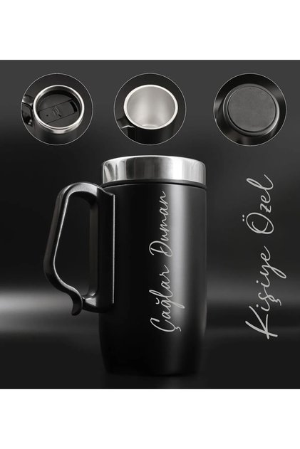 Kişiye Özel Çift Katmanlı 280ml Mat Siyah Kulplu Paslanmaz Çelik Termos Bardak Mug