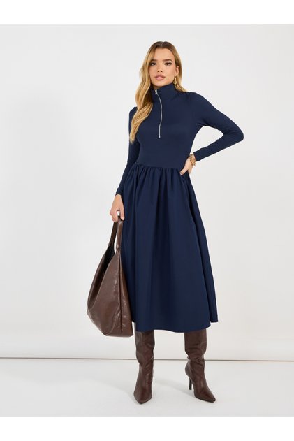Half Zip Placket Detail A-Line Midi Dress