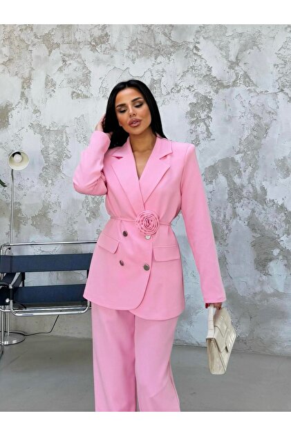 Women's Rose-Belted Palazzo Suit with Detailed Design