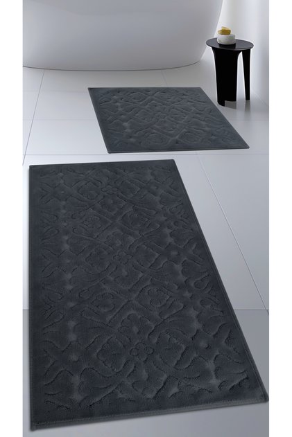 Cotton Woven Bath Mat Set, Bathroom Rug Lara Set of 2 60X100 - 60X50 Anthracite