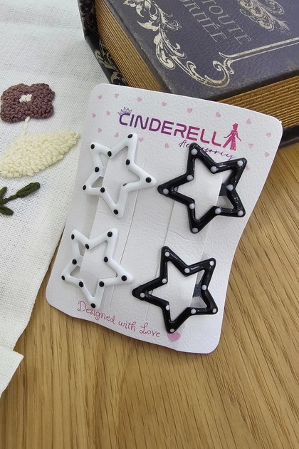 Set of 4 Cute Dotted Star Snap Hair Clips Black & White - Colorful Girls' Snap Hair Clips