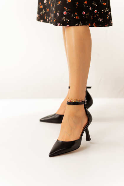 Limar Black Leather Ankle Strap Stiletto Pointed Toe Women's Heeled Shoes