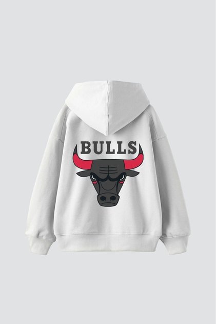 Bulls Printed Oversize Unisex White Hoodie