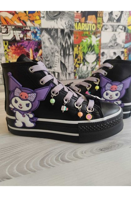 Kuromi Decorated Leather Water Resistant Beaded Black High Top Anti-Slip Sole Shoes Sneaker