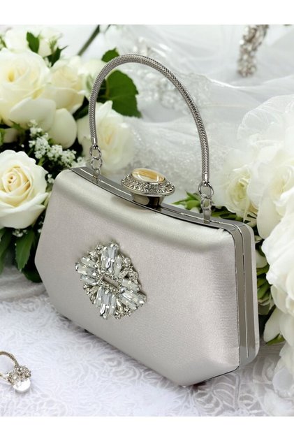 Silver Grey Lame Color Silver Crystal Stone Elegant Design Evening Dress Bag with Metal Handle