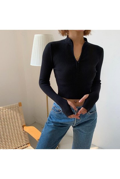Black Darkalip Slimfit Long Sleeve Half Zipper Finger Detail Ribbed Camisole Zip up Blouse
