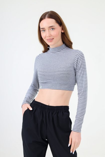 Turtleneck Striped Crop Body Gray Black