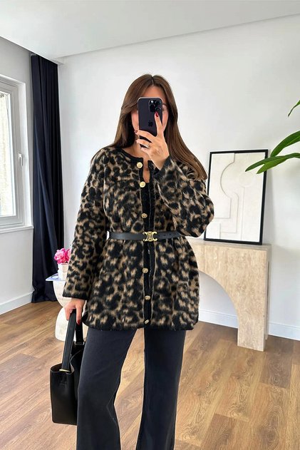 Crew Neck Patterned Wool Long Cardigan