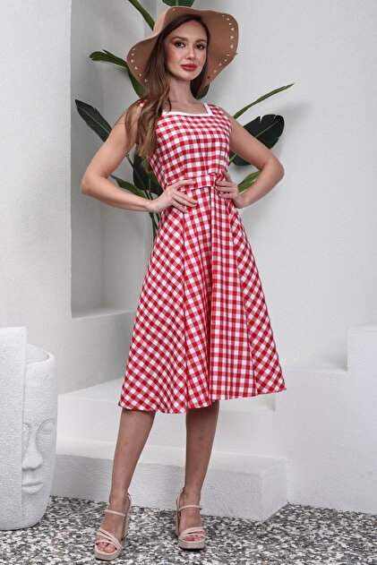 open lace back dress Red Gingham and Shell Taylor Midi Dress