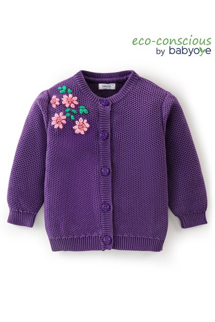 Babyoye 100% Cotton Eco Conscious Full Sleeves Sweater Floral Design-Purple