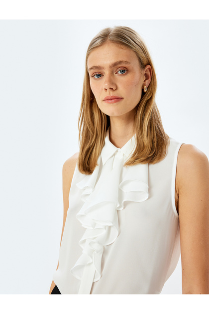 Crepe Fabric Scarf Collar Flounce Sleeveless Ruffled Shirt