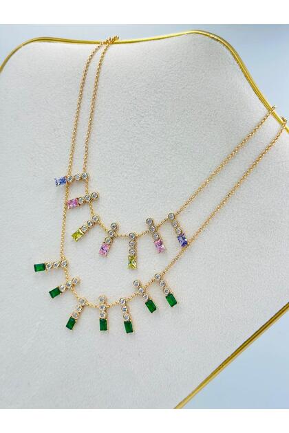 Baguette Stone Detailed Steel Necklace Green