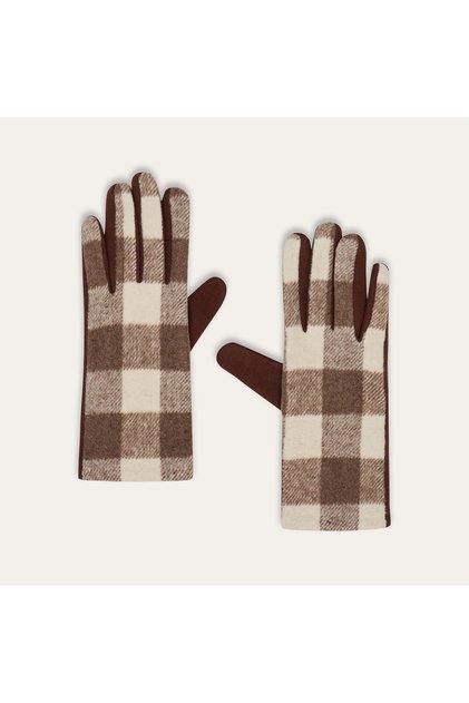 Women's Brown Plaid Patterned Gloves