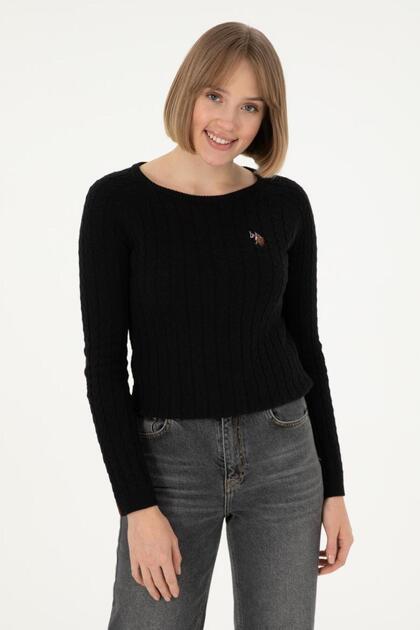 Women's black crew neck basic sweater tekspor