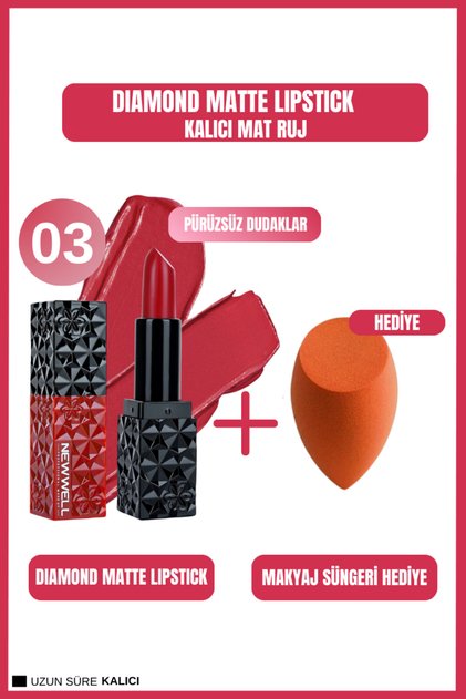 Matte Lipstick 03 Gün Boyu Kalıcı+Makyaj Süngeri Hediye