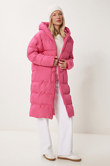 Happiness İstanbul Women's Pink Hooded Oversize Long Puffer Coat