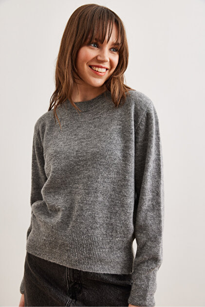 Olalook Kadın Gri Bisiklet Yaka Yumuşak Dokulu Basic Triko Kazak