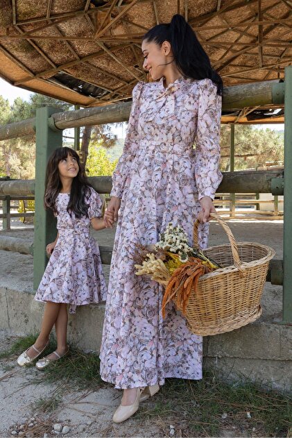 KM BUTK Hijab Brown Floral Halter Neck Flared Mother and Daughter Combination (Sold Single)- Trendyol KM BUTK Hijab Brown Floral Halter Neck Flared Mother and Daughter Combination (Sold Single)- Trendyol