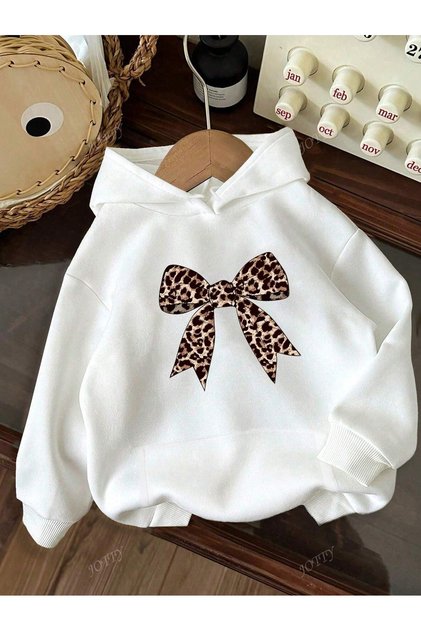 Women's White Leopard Ribbon Printed Hooded Hoodie Sweatshirt