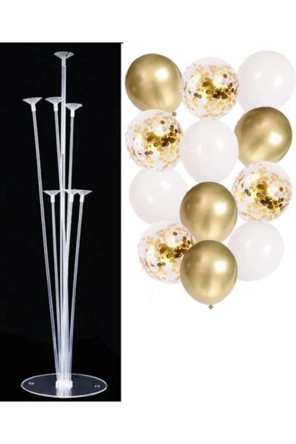 Balon Diyarı 7'li Balon Standı Ve 12 Adet Gold-beyaz-şeffaf Konfetili Balon Set