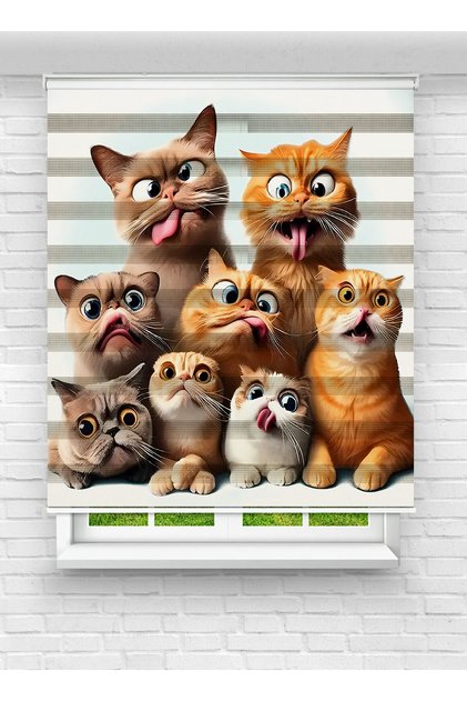 Erkek ve Kız Çocuk Odası İçin Desenli Baskılı Sevimli Kedi Zebra Stor Perde