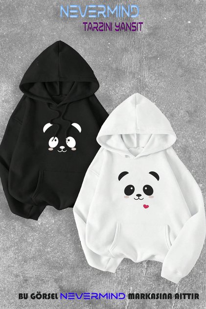 Lover Couple Combination Panda Printed Hooded Sweatshirt Set of 2 White - Black