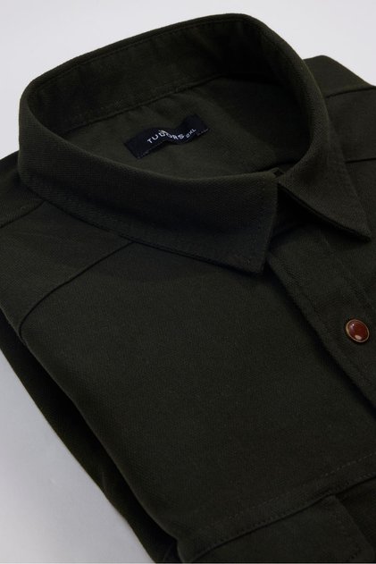 Erkek Big Size Büyük Beden Uzun Kollu Denim Kot Yıkamalı Çift Cepli Armürlü Haki Gömlek