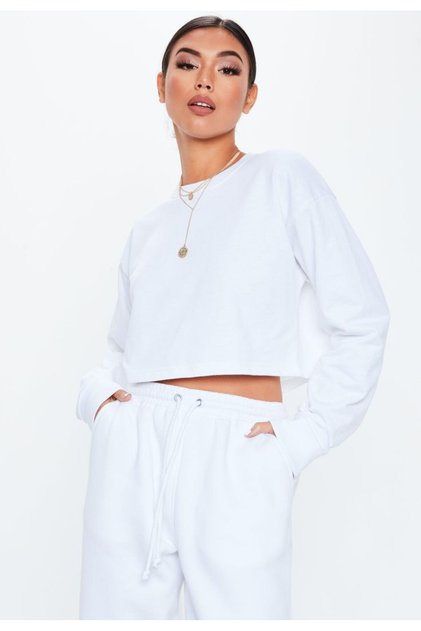 Self Cotton Crew Neck Oversize Crop Sweatshirt Blouse