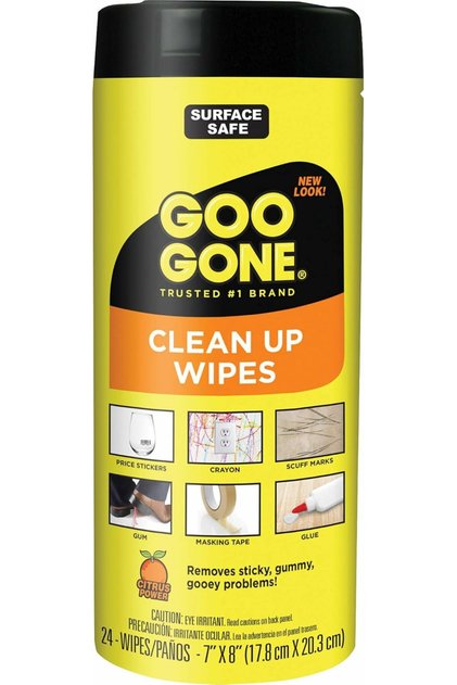 Clean Up Wipes, 24 Count Pre-Moistened 8 x 7 in Wipes, Water-Based Adhesive Remover, Removes Labels, Stickers, Gum, Crayon, Tape Residue and Tree Sap, Pop-Top Canister, Multi-Surface