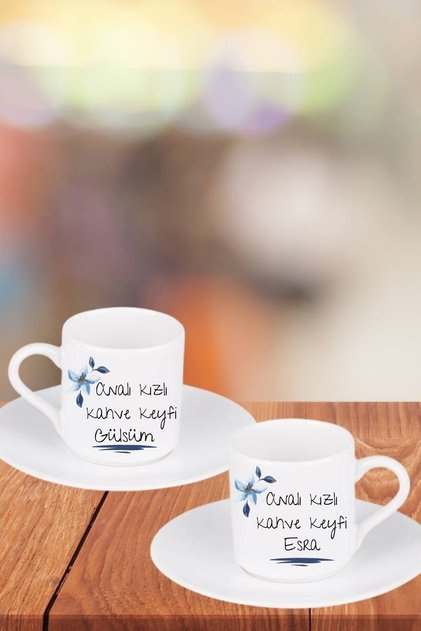 Kişiye Özel Ikili Isim Yazılı Analı Kızlı Kahve Keyfi Baskılı Beyaz Türk Kahvesi Fincanı
