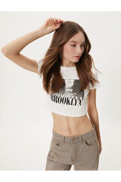 Crop T-Shirt City Themed Printed Short Sleeve Crew Neck Cotton