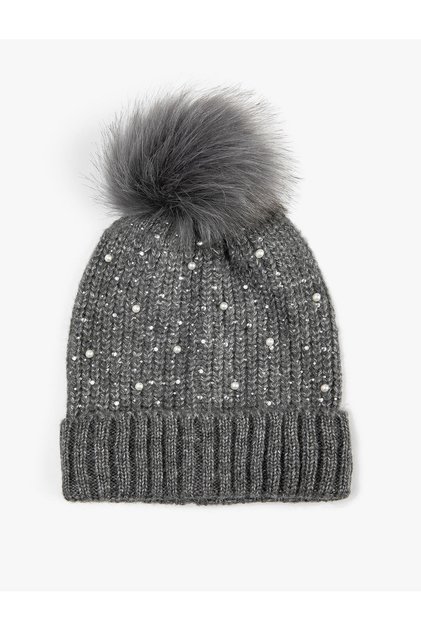 Faux Fur Pompom Detailed Knitwear Beret - Bead Embroidered